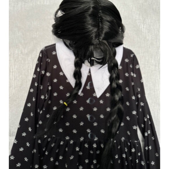 Wednesday Adams 4 pc, Costume, dress, wig, lace hand  covers, girls sz 9/10 yrs - Picture 2 of 4